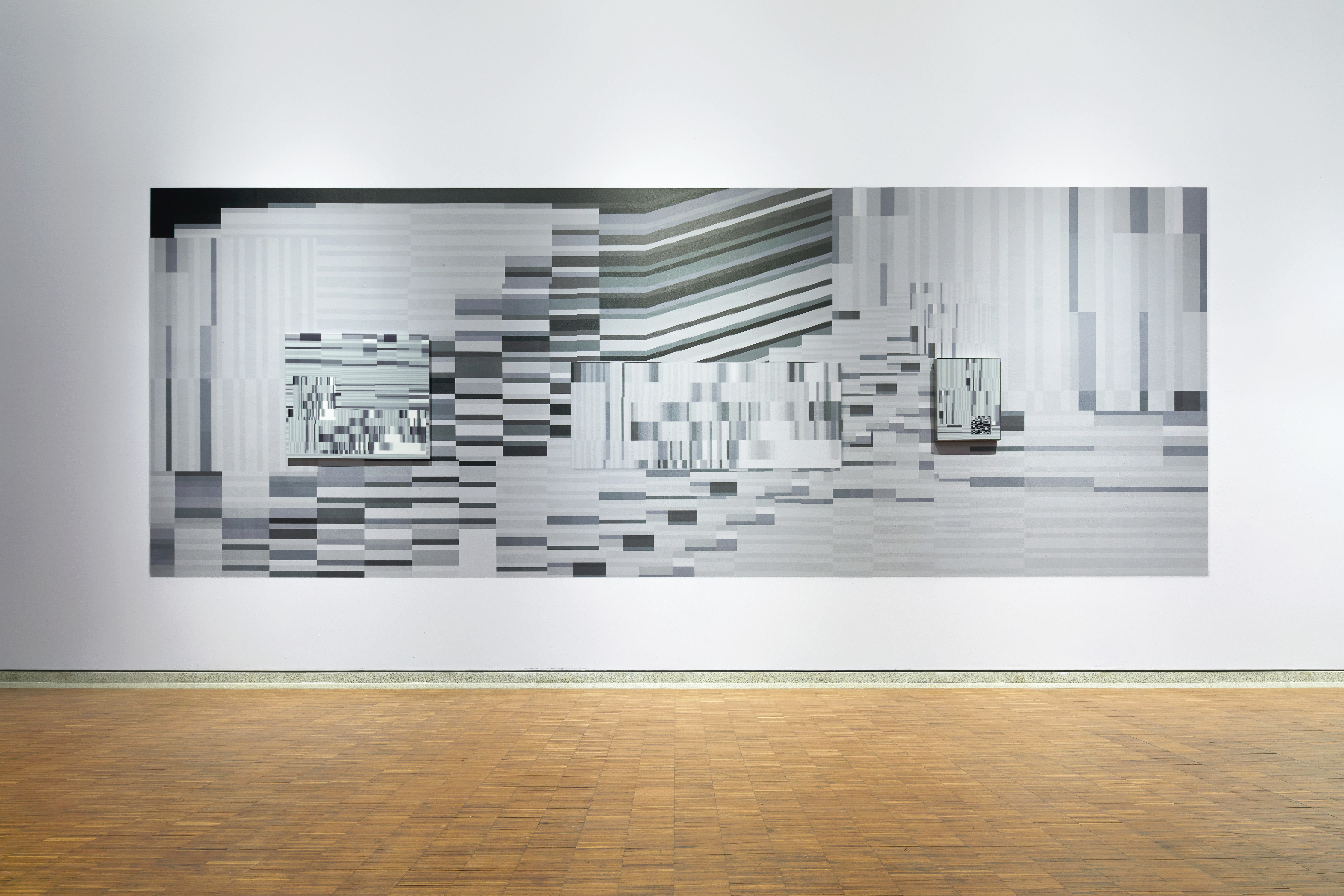 (도록 사용) 현실 이동 대기열 Transurfing Queue, digital print on wall, 600×220cm, 2025